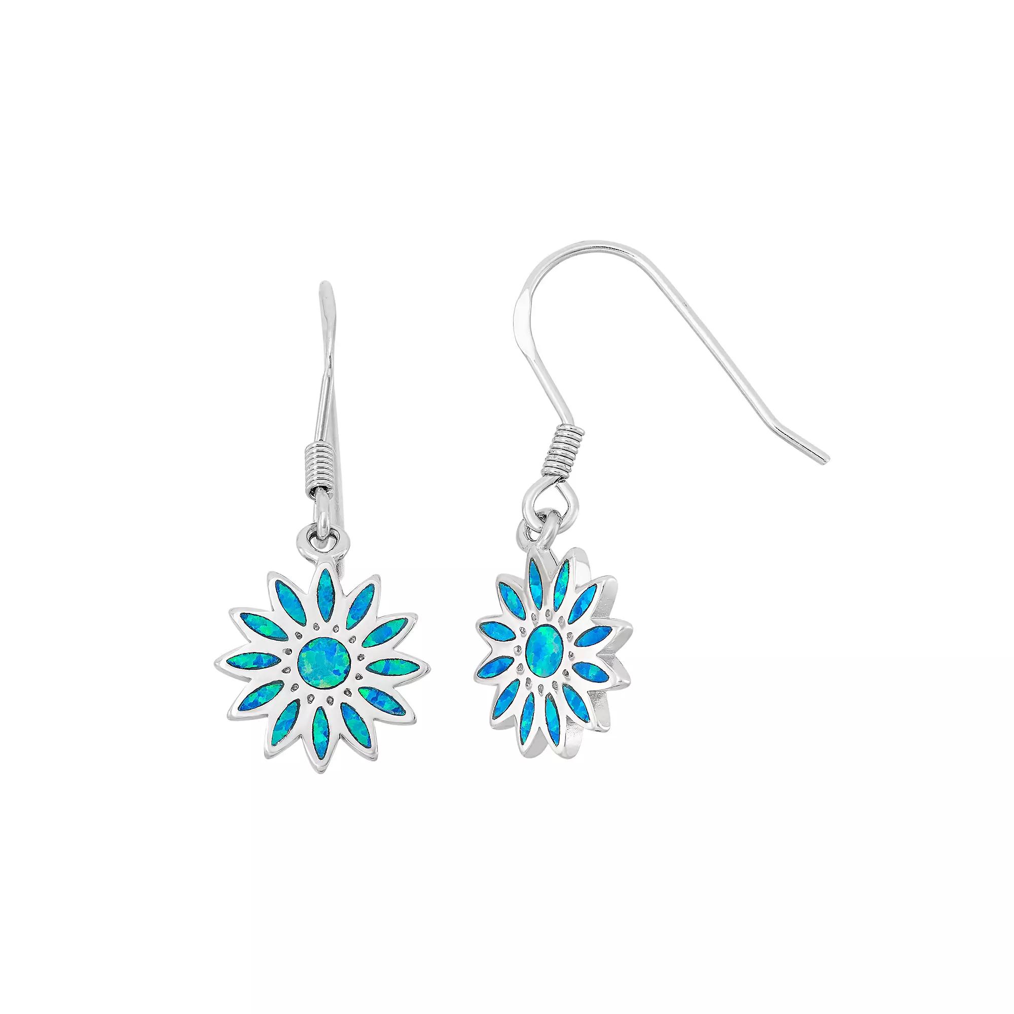 Lab-Created Blue Opal Sterling Silver Flower Drop Earrings, Women's Product Image
