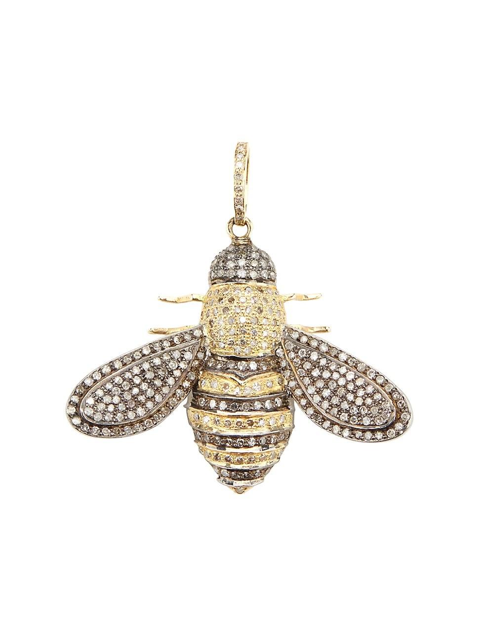 Womens 14K Yellow Gold, Rhodium-Plated Silver & 1.60 TCW Diamond Bee Pendant Product Image