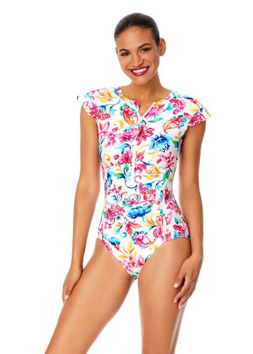 Anne Cole Women's Riviera Floral Flutter Sleeve Zip Up Rash Guard One Piece Swimsuit Product Image