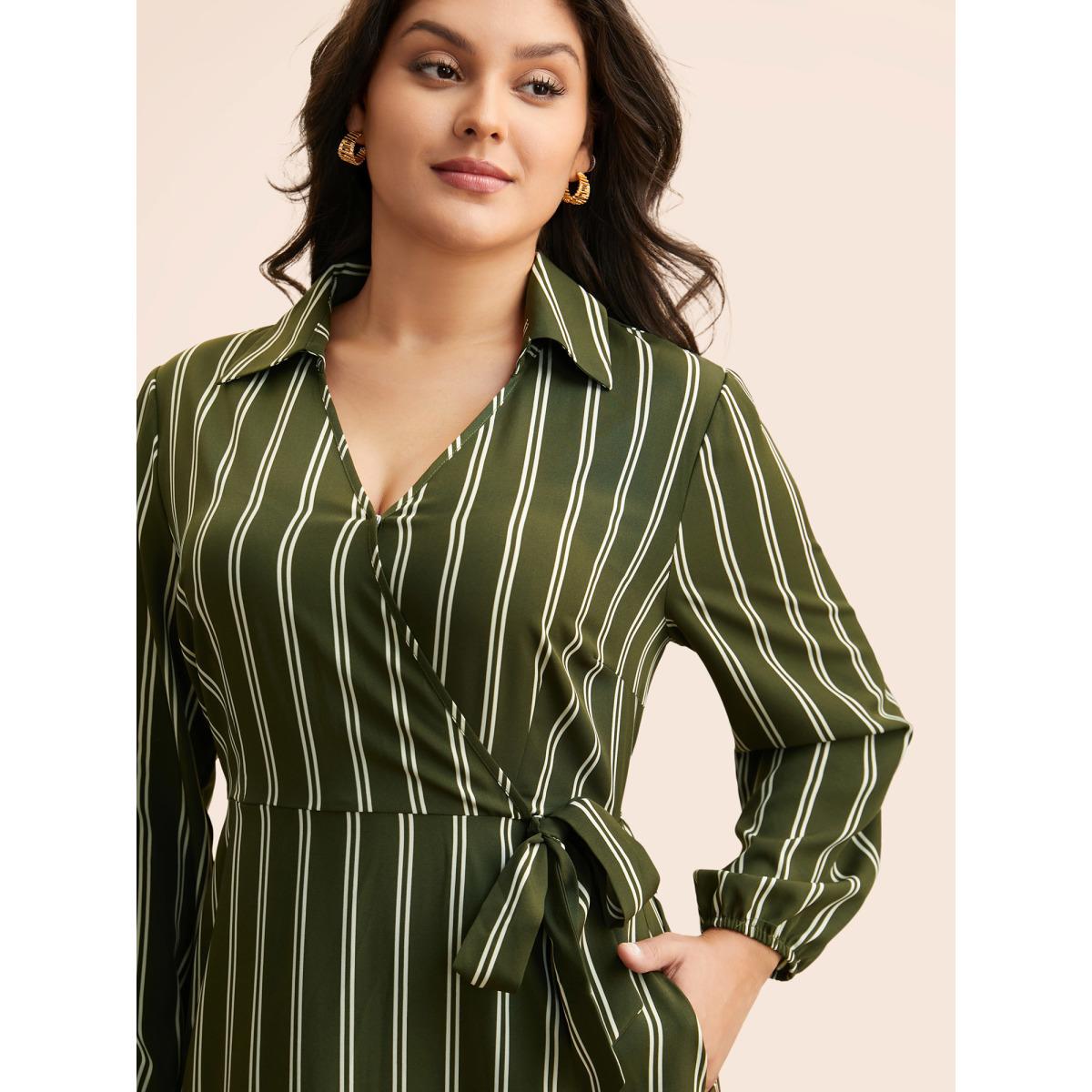 Plus Size Striped Tie Knot Lantern Sleeve Dress ArmyGreen Women Elegant Overlapping Shirt collar Long Sleeve Curvy BloomChic 26/4X Product Image