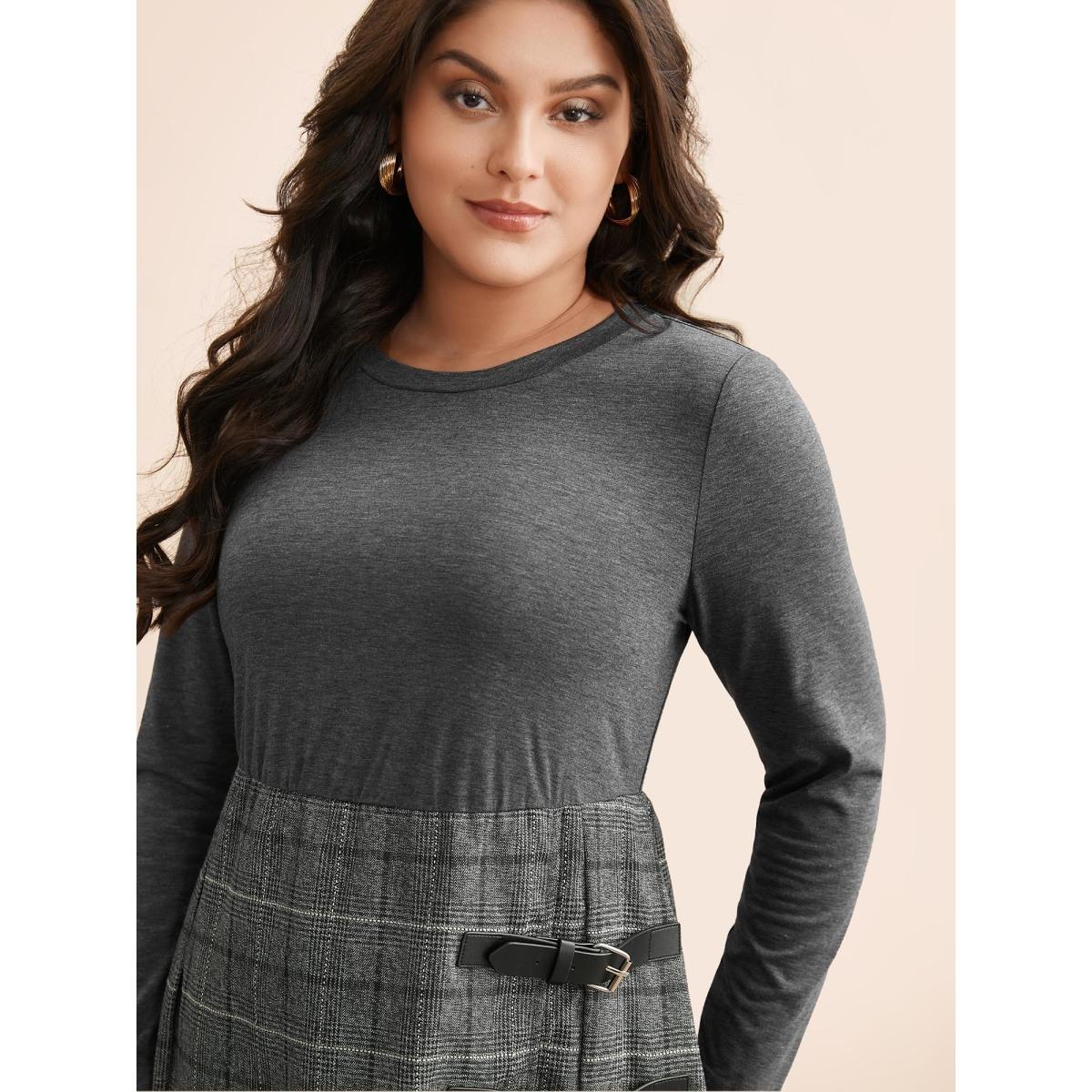 Plus Size Plaid Patchwork Buckle Detail Pleated Dress DimGray Women At the Office Overlapping Round Neck Long Sleeve Curvy BloomChic 14-16/1X Product Image