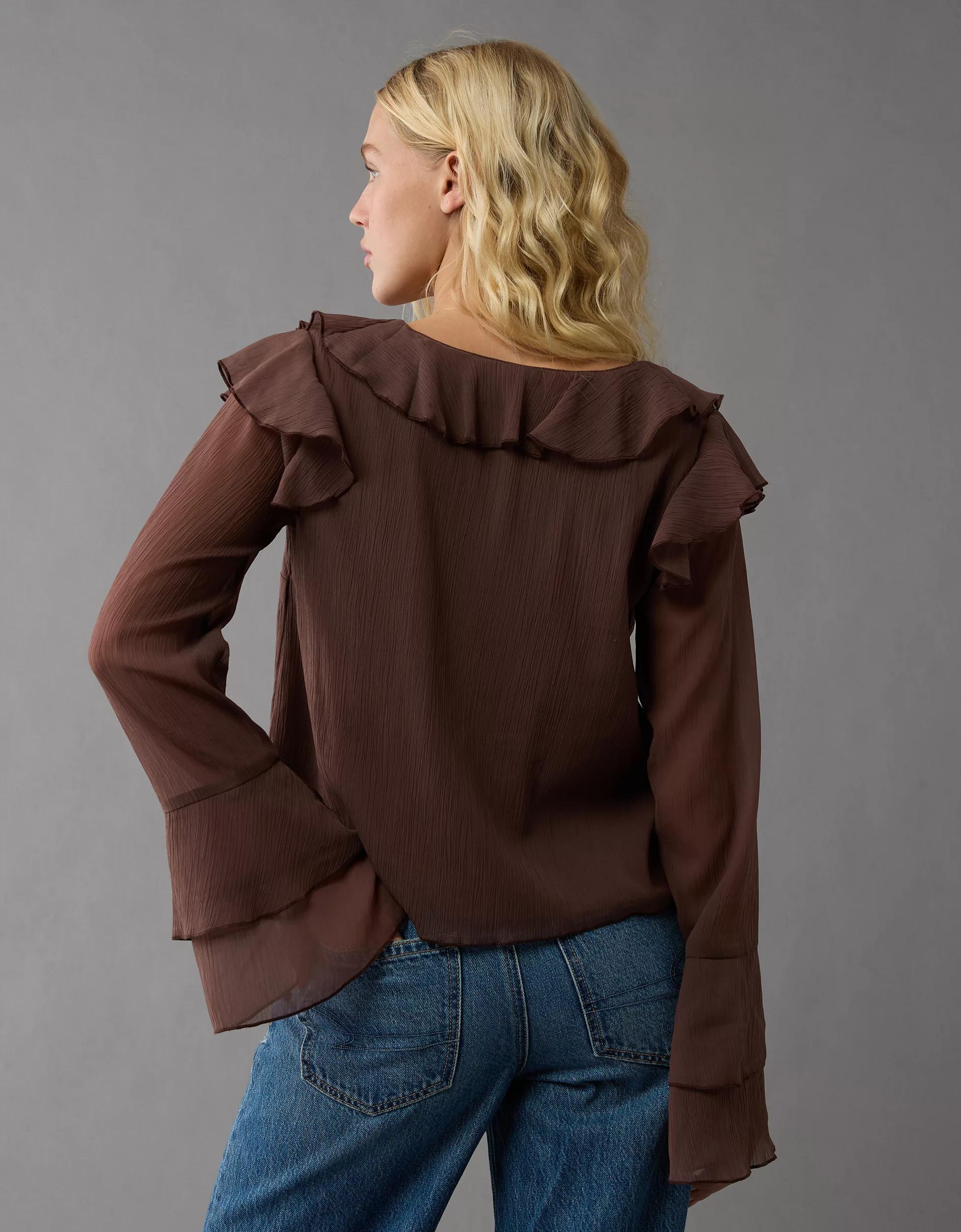 AE Long-Sleeve Chiffon Ruffle Blouse Product Image