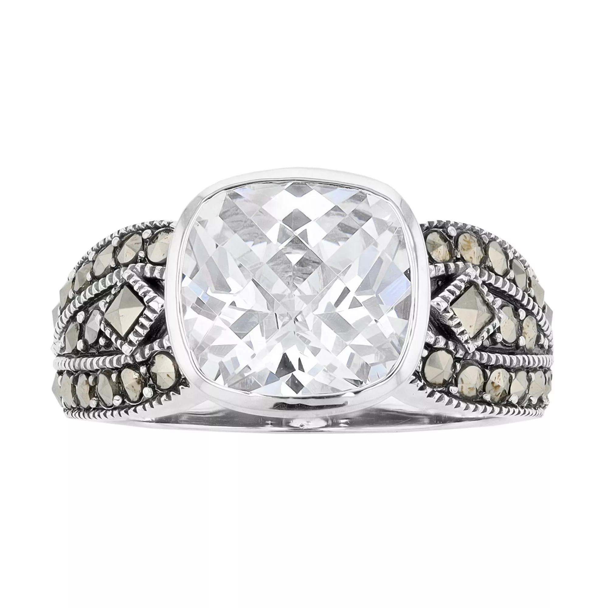 Lavish by TJM Sterling Silver Cushion White Cubic Zirconia & Marcasite Ring, Women's,  Product Image