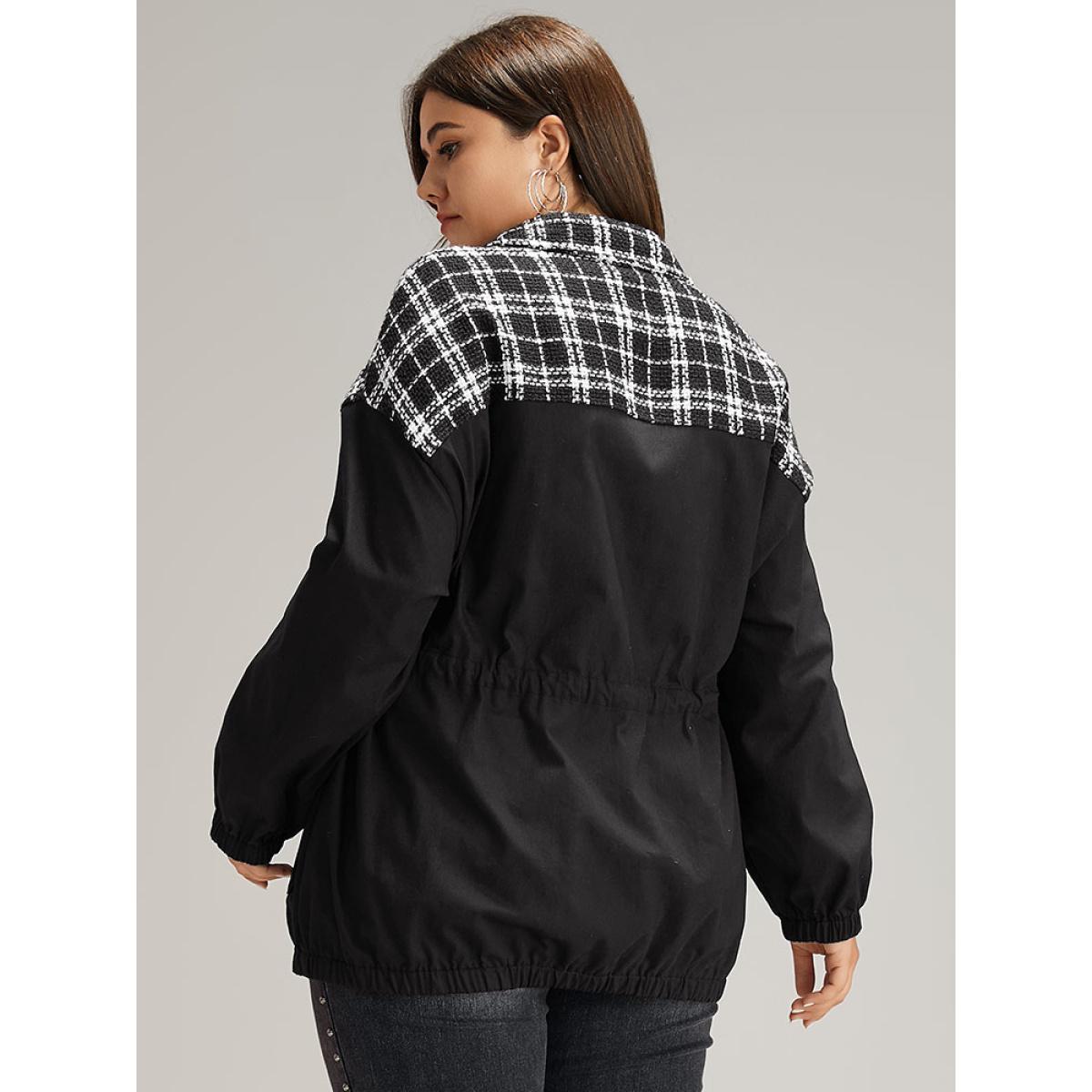 Plus Size Plaid Patchwork Contrast Drawstring Button Up Jacket Women Black Elastic cuffs Pocket Dailywear Jackets BloomChic 18-20/2X Product Image