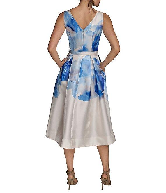 Donna Karan Shimmer Mikado V Neck Sleeveless Belted A Line Midi Dress Product Image