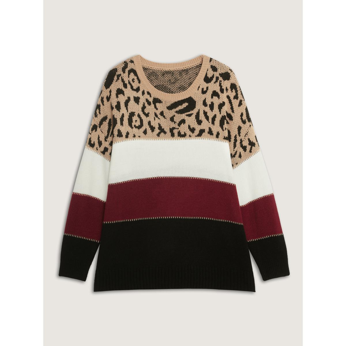 Plus Size Leopard Print Colorblock Pullover Scarlet Women Leisure Loose Long Sleeve Boat Neck Casual Pullovers BloomChic 12/L Product Image