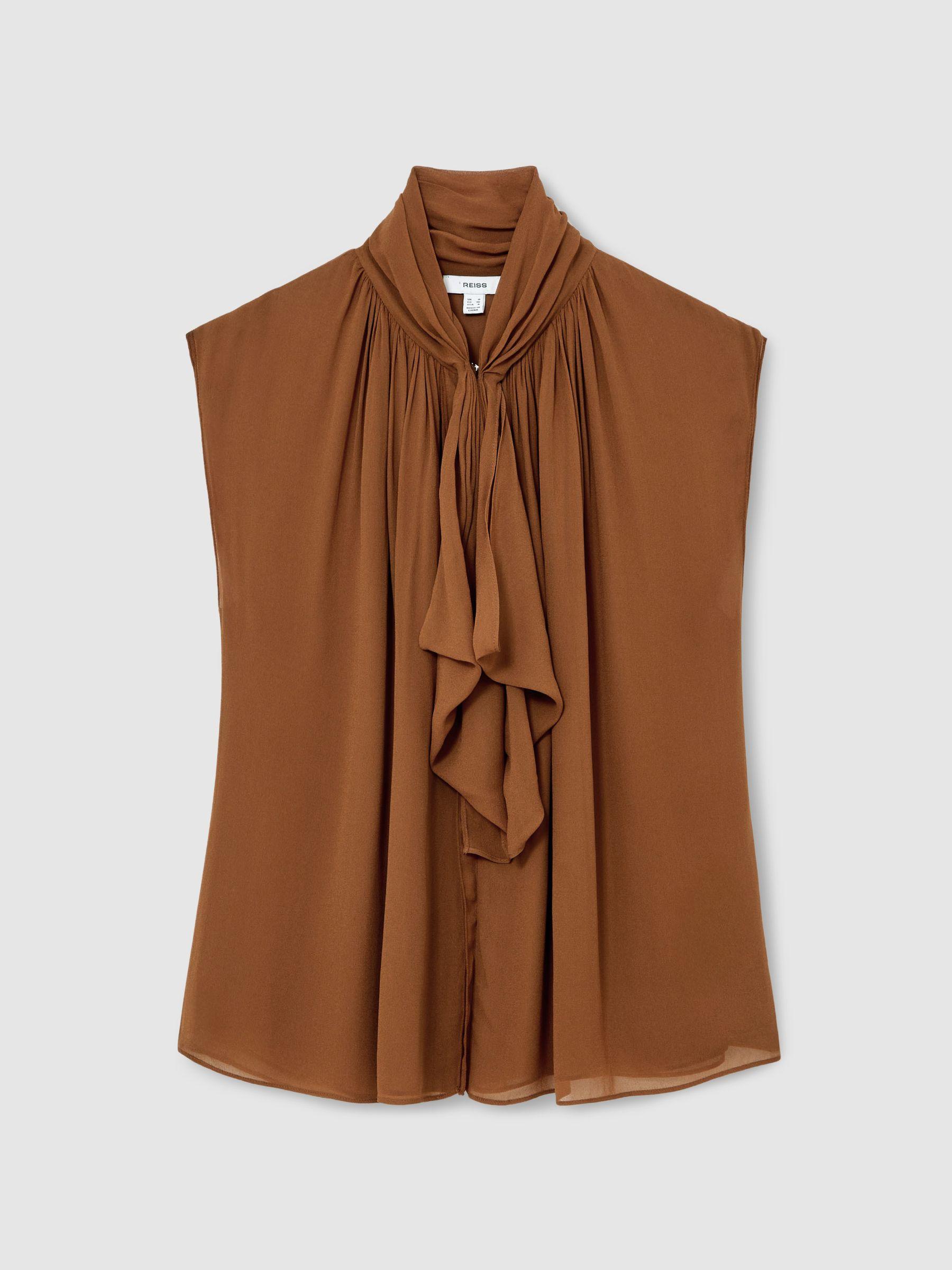 Crepe-Chiffon Ruffle Sleeveless Top in Tan Brown Product Image