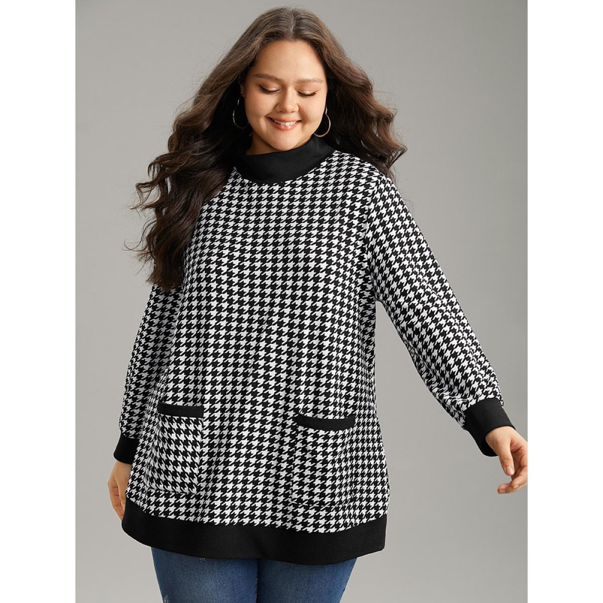 Plus Size Houndstooth Patched Pocket Mock Neck Sweatshirt Women Black Casual Contrast Mock Neck Dailywear Sweatshirts BloomChic 14-16/1X Product Image