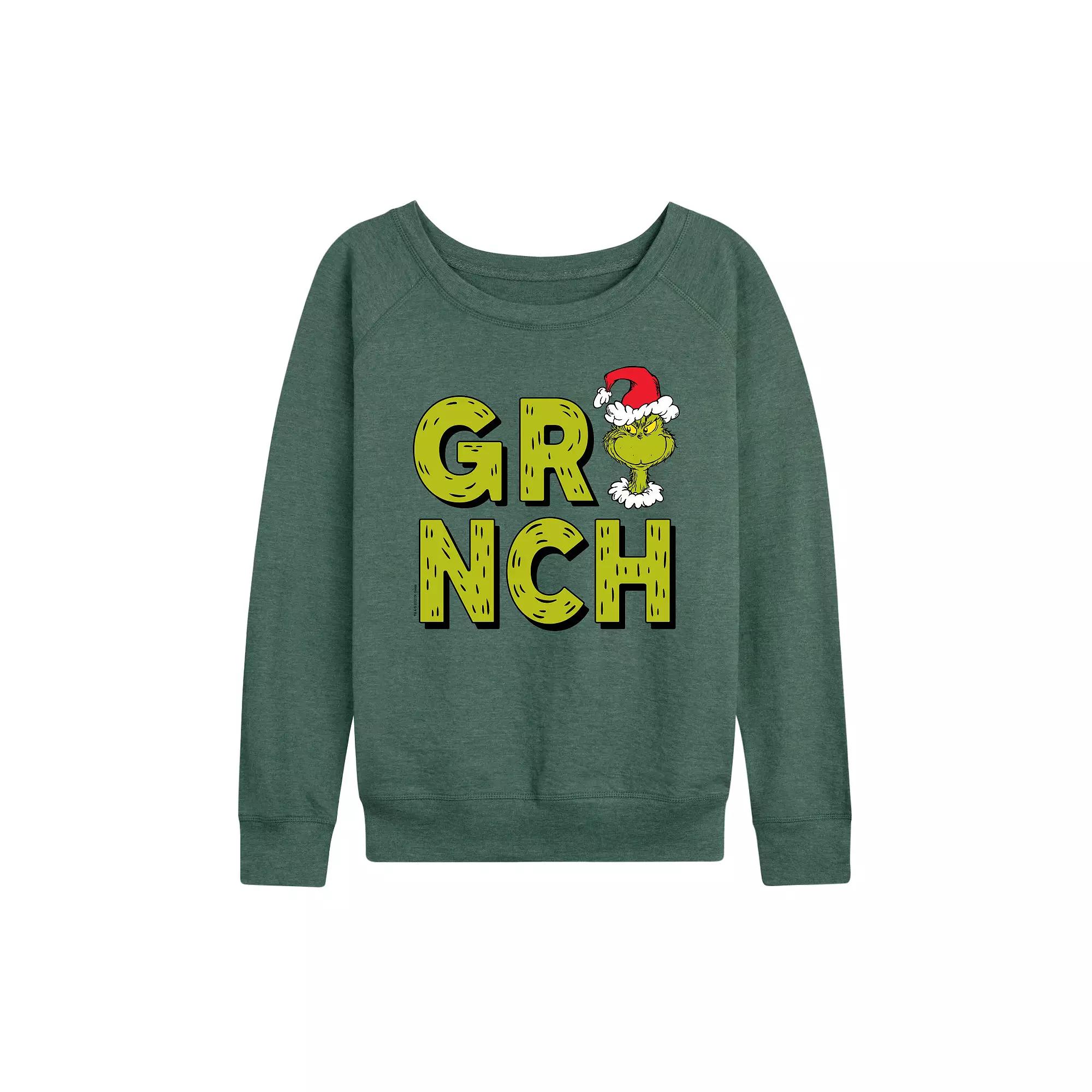 Women's Dr. Seuss Grinch Fur Letters French Terry Long Sleeve Tee,  Product Image