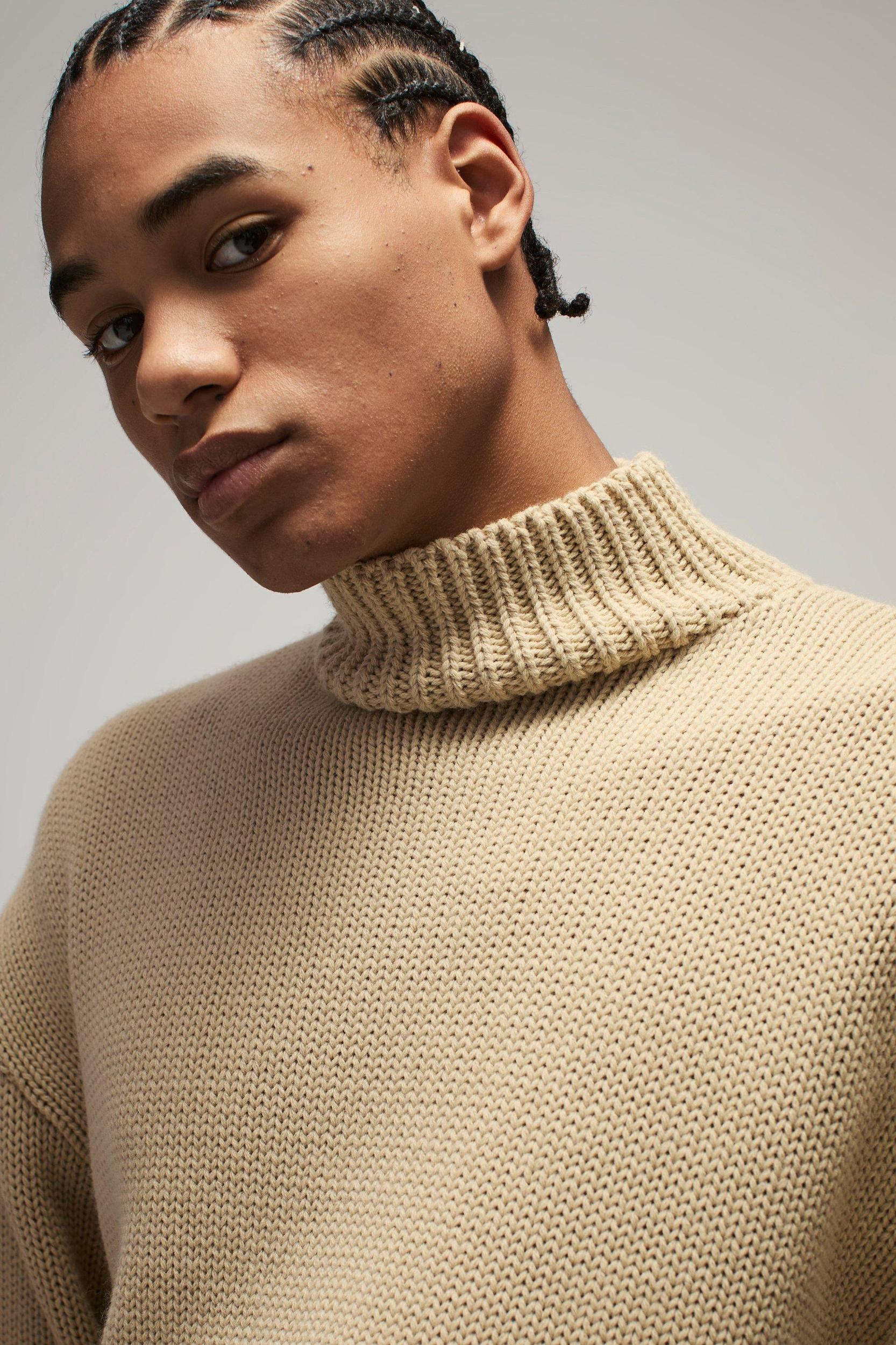 Oversized Boxy Dropped Shoulder Funnel Neck Knitted Sweater | boohooMAN USA Product Image