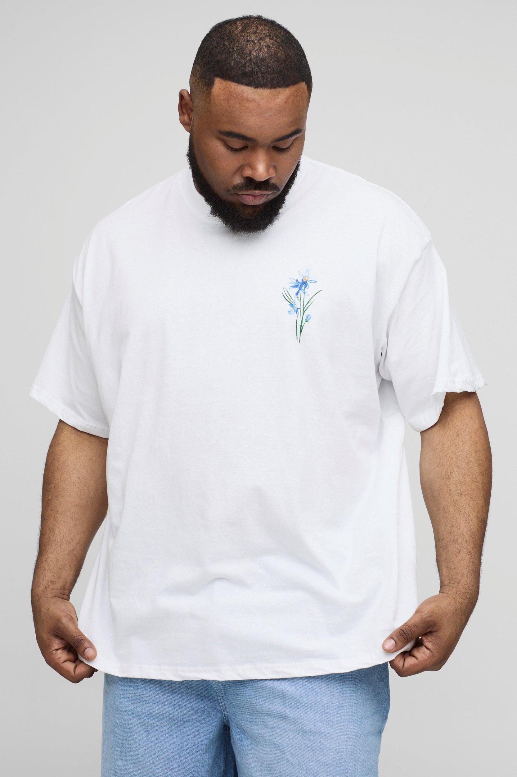 Plus Oversized Extended Neck Doodle Floral Print T-Shirt | boohooMAN USA Product Image