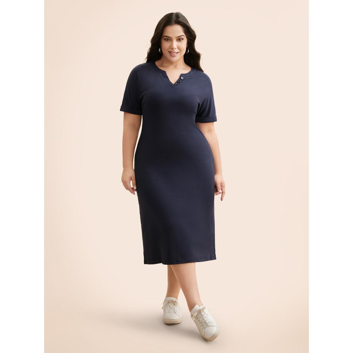 Plus Size Supersoft Essentials Notched Neck Midi Dress Midnight Women Basics Texture Flat collar with V-notch Short sleeve Curvy BloomChic 12/L Product Image