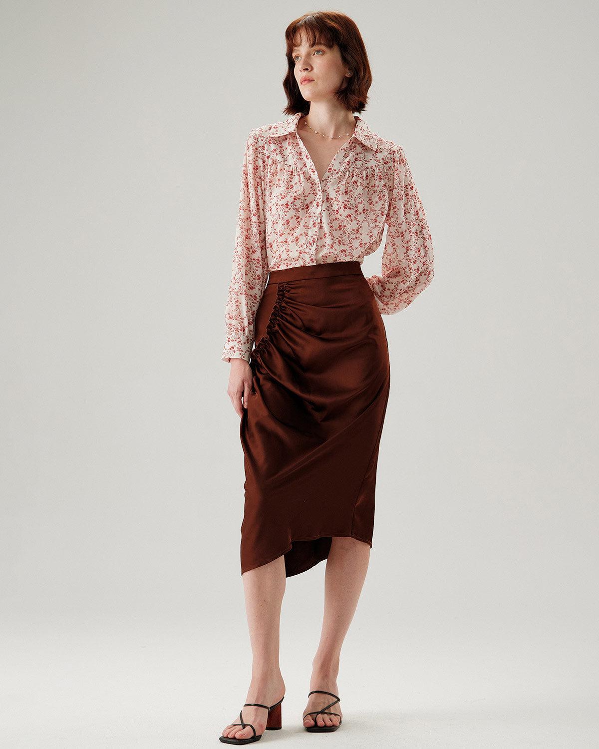 Coffee Ruched Pencil Midi Skirt Product Image