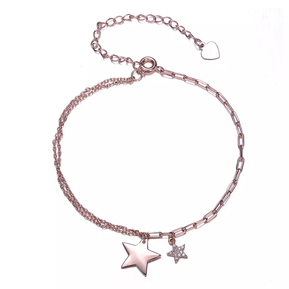 18k Rose Gold Plated Cubic Zirconia Double Star Charms Bracelet, Womens Pink Tone Product Image