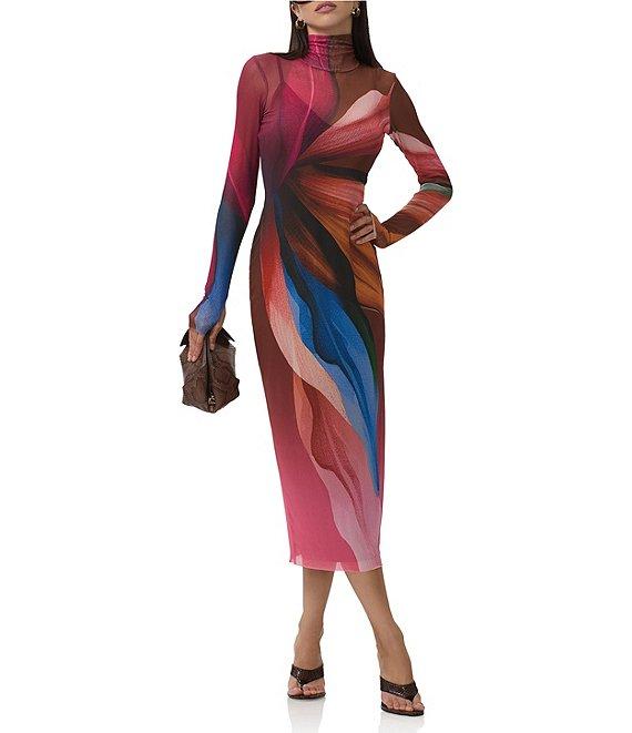 AFRM Shailene Lotus Leaf Print Turtleneck Long Sleeve Mesh Midi Dress Product Image