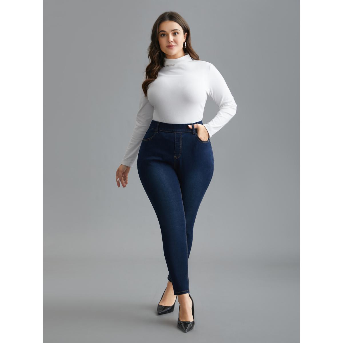 Plus Size Elastic Waist Mid Rise Skinny Jeans Women Denimindigo Elegant Medium stretch Slanted pocket Jeans BloomChic 30/6X Product Image