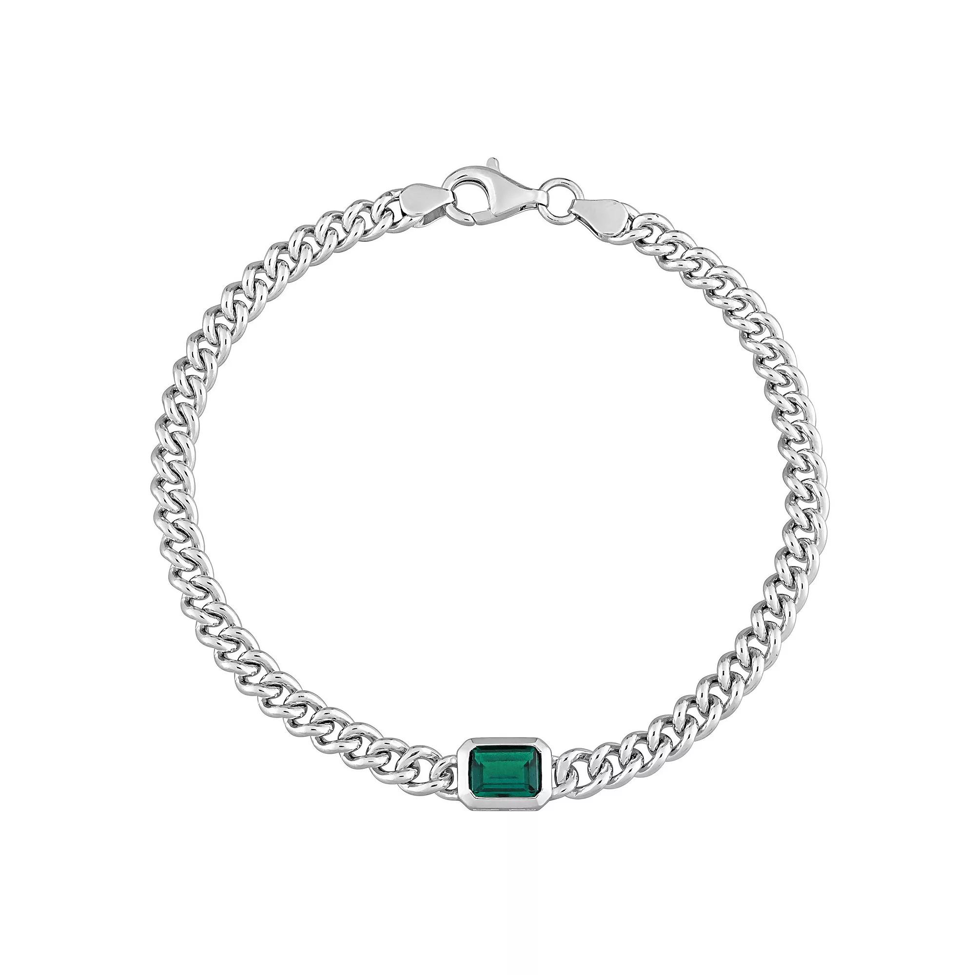 Stella Grace Sterling Silver Octagon Lab-Created Emerald Curb Link Chain Bracelet, Women's, Size: 7.5" Product Image