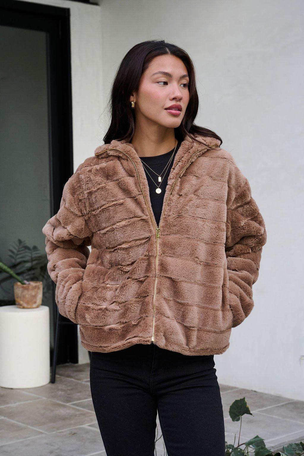 Brown Faux Fur Zip Collared Jacket Product Image