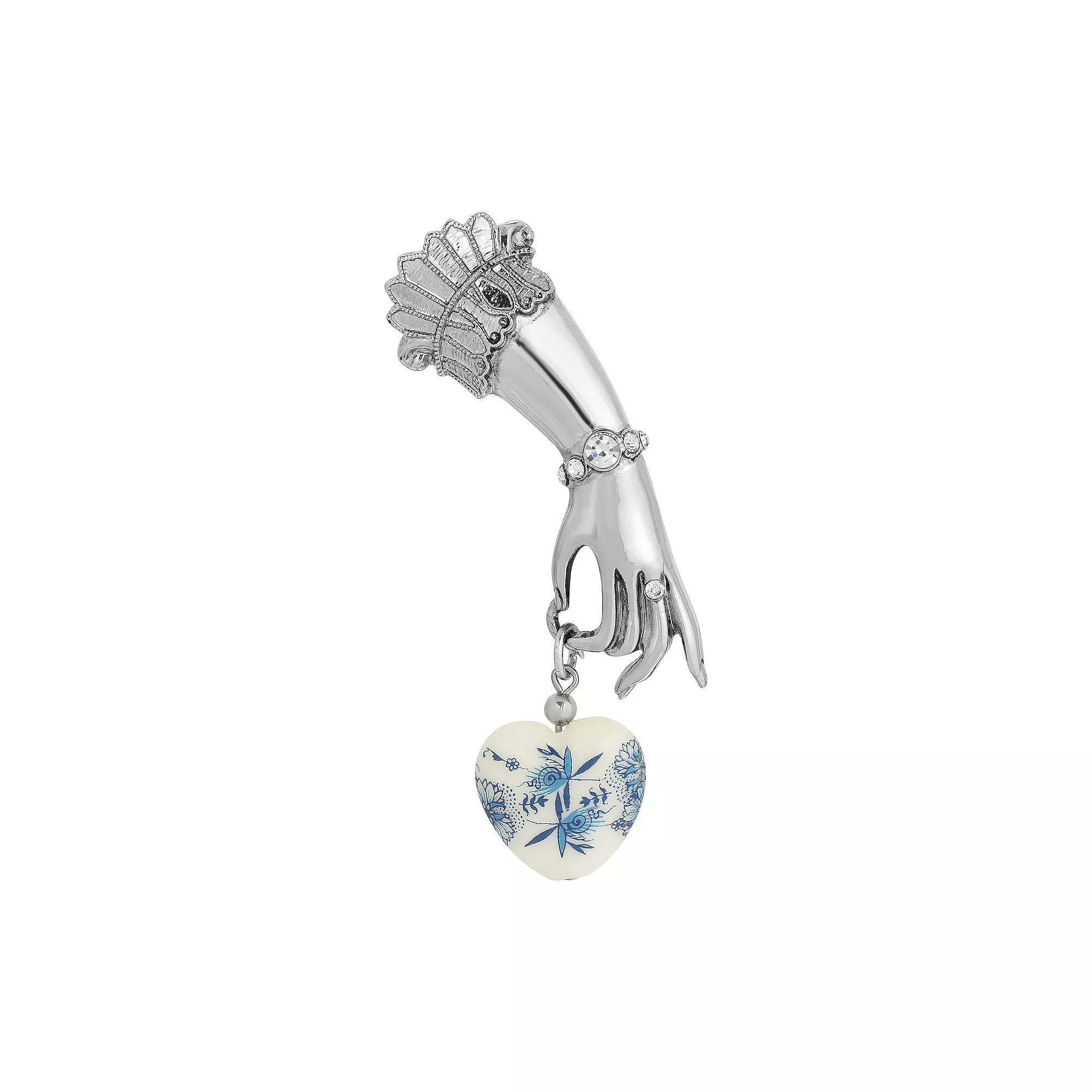 1928 Silver Tone Ladys Hand Pin with Crystal Accents & Blue & White Heart Charm, Womens Product Image