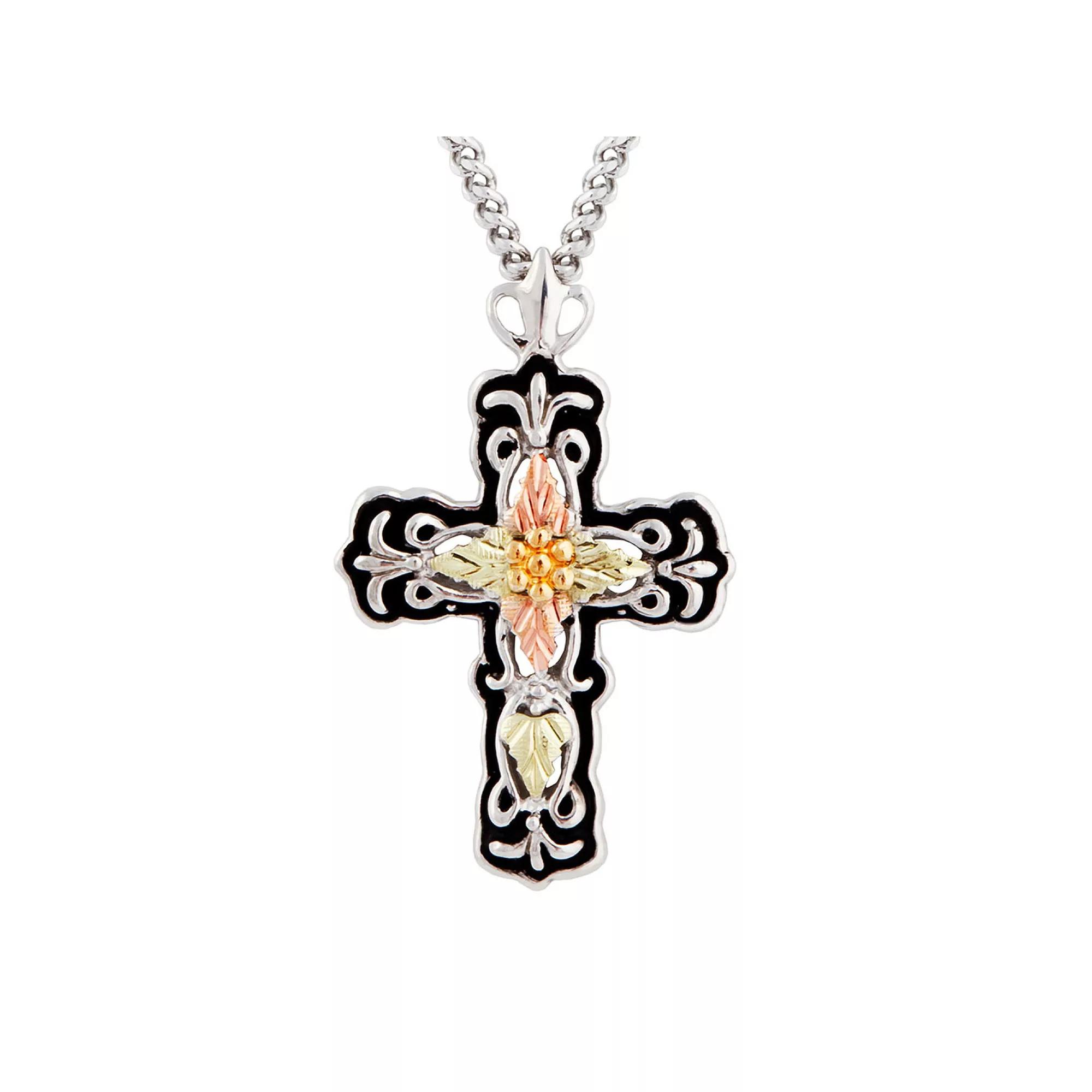 Black Hills Gold Tri-Tone Antiqued Cross Pendant Necklace in Sterling Silver, Women's, Size: 18" Product Image