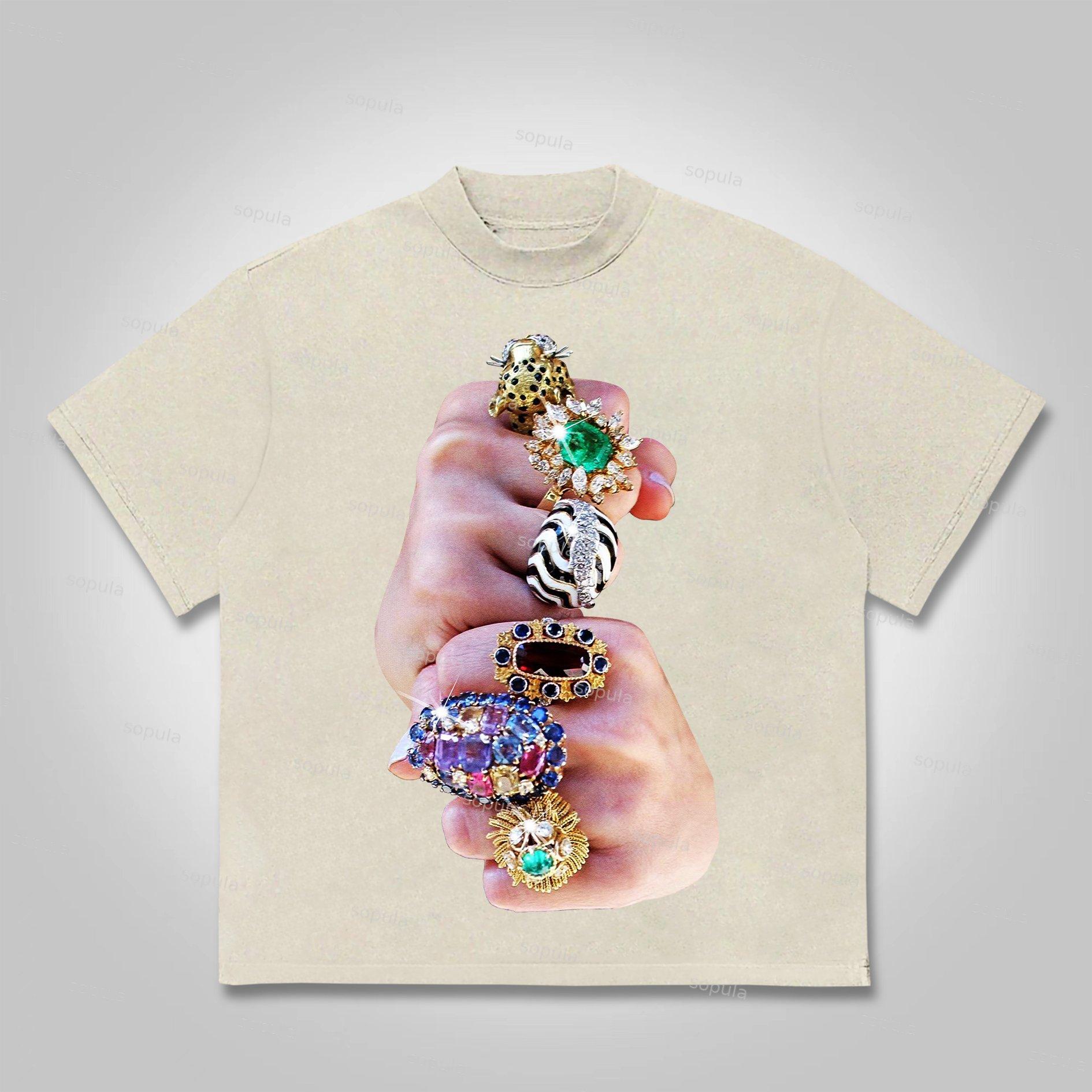 Sopula Finger Graffiti Diamond Ring Print Cotton T-shirt Product Image