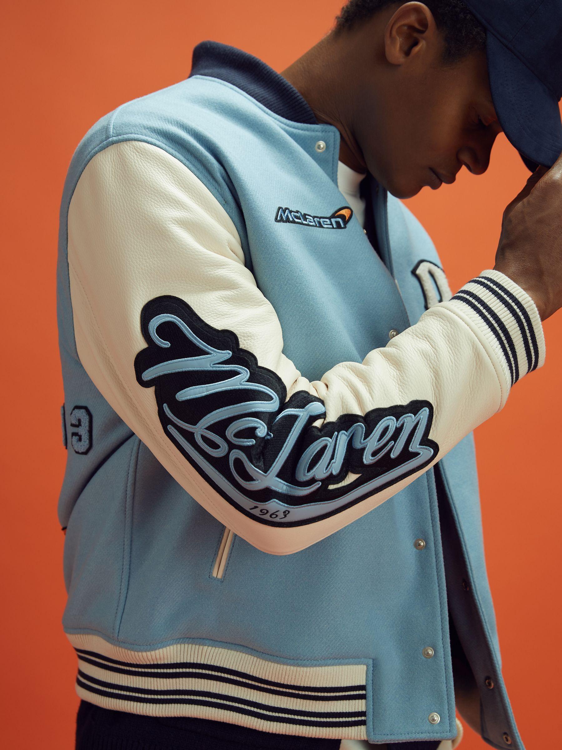 Leather Varsity Jacket in Soft Blue/Ecru Product Image