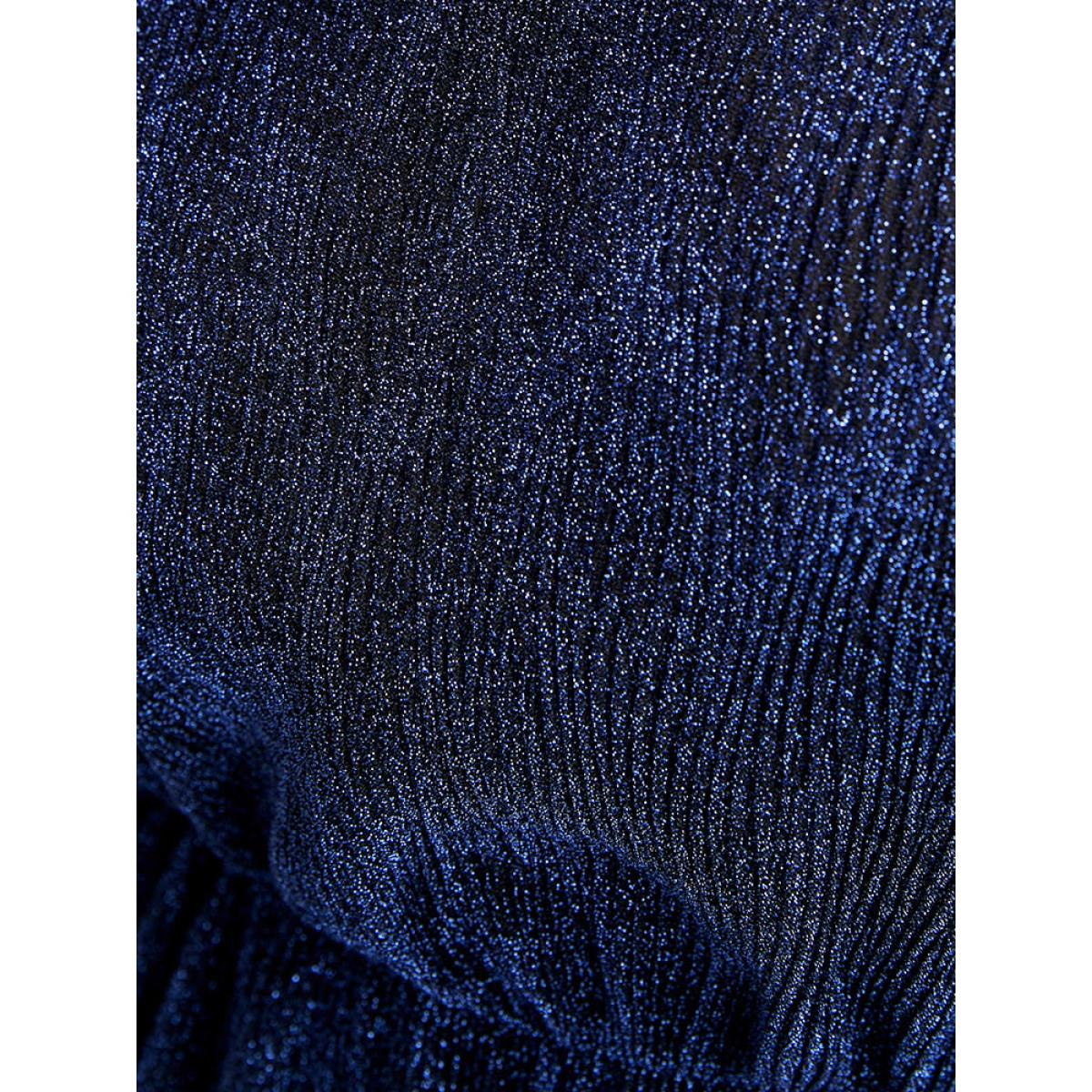 Plus Size Solid Lantern Sleeve Sequin Split Hem Dress DarkBlue Women Party Elastic Waist V-neck Long Sleeve Curvy Midi Dress BloomChic 22-24/3X Product Image