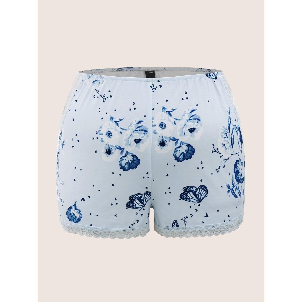 Plus Size Floral Print Lace Patchwork Pajama Sets Women Stone Floral Non Sleeveless Square Neck Lounge Loungewear Sets BloomChic 14-16/1X Product Image