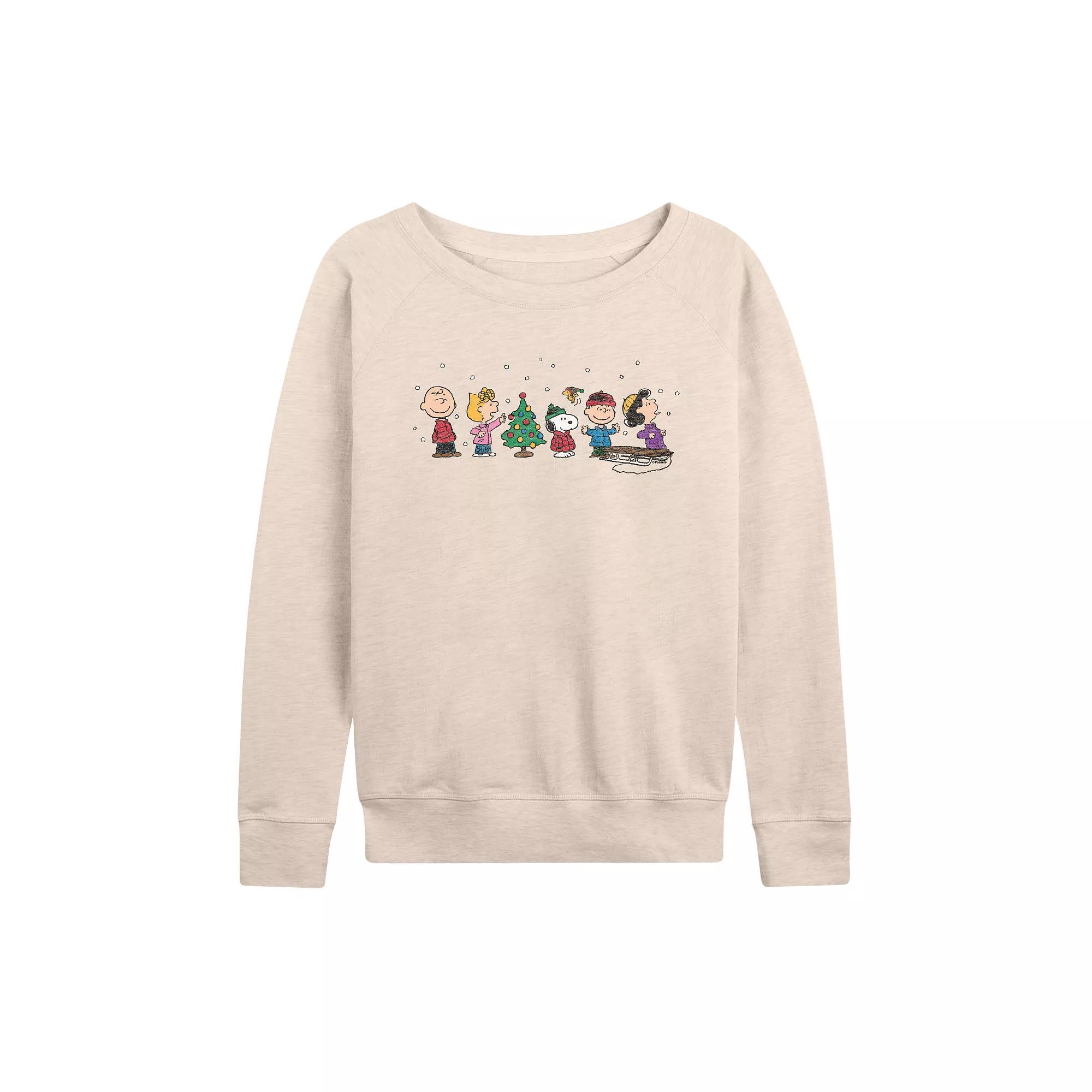 Women's Peanuts Christmas Group French Terry Long Sleeve Tee, Size: Small, Beige Product Image