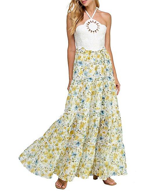 Layered With Love Floripa Jacquard Floral Print Halter Neck Sleeveless Cut Out A-Line Maxi Dress Product Image