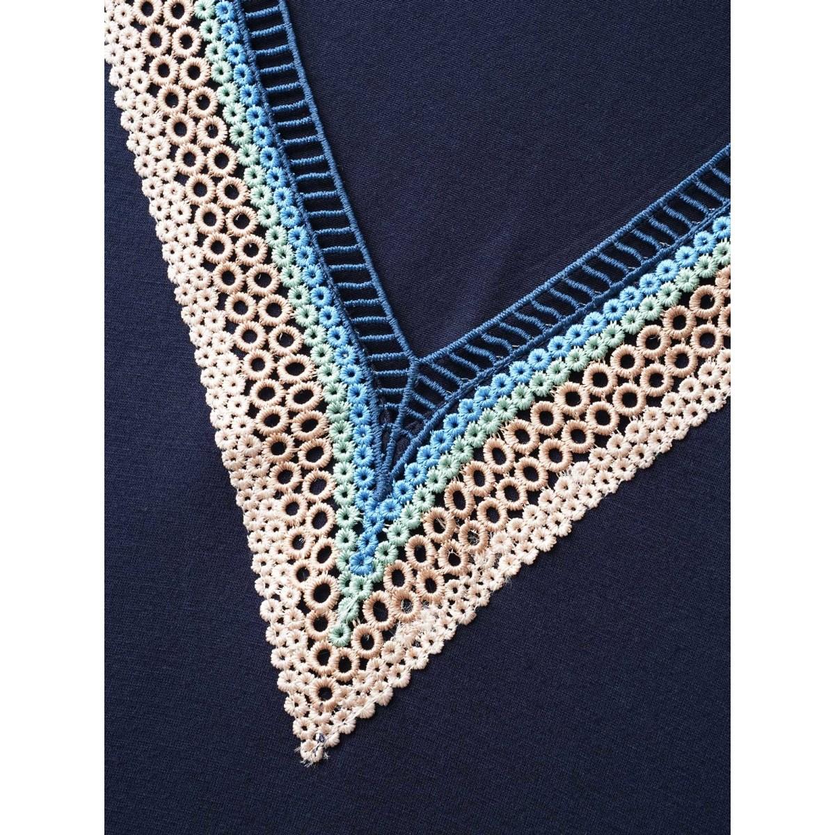 Plus Size Plain Contrast Lace Belted Pocket Batwing Sleeve Dress DarkBlue Women Resort Non V-neck Cap Sleeve Curvy Midi Dress BloomChic 26/4X Product Image