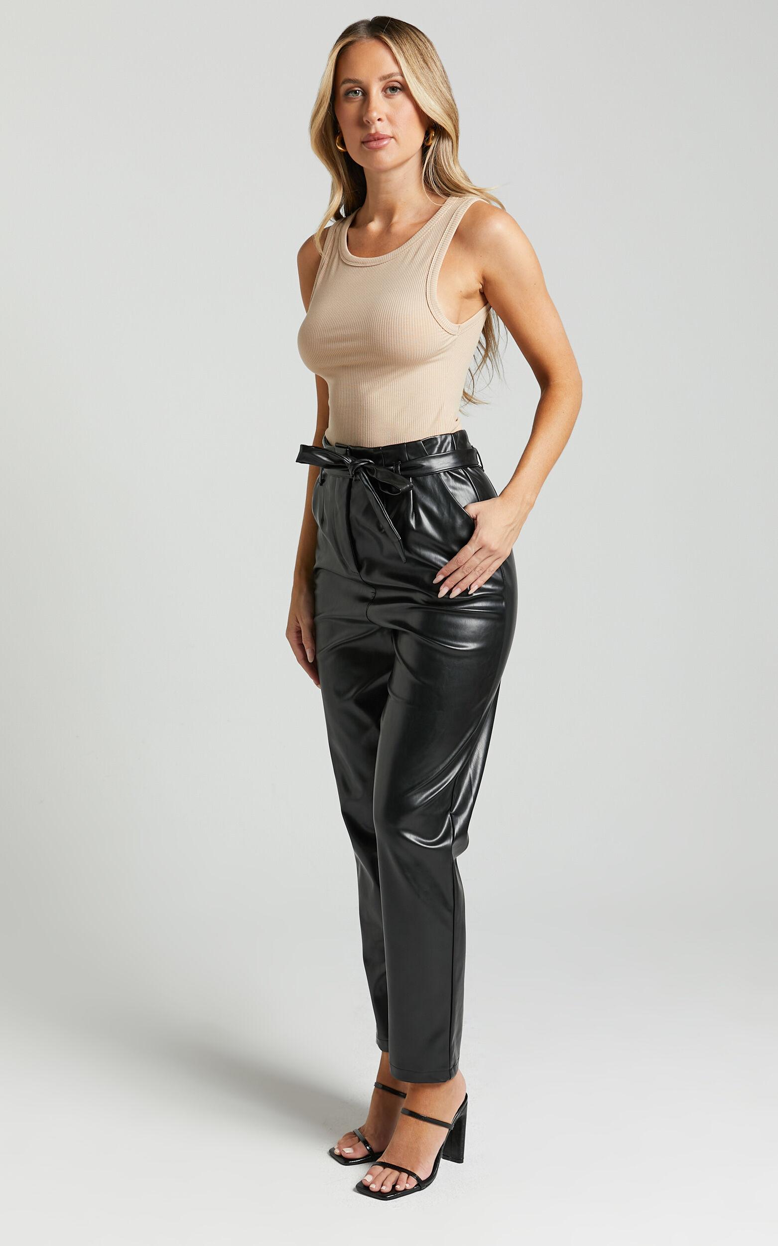 Layton Pants - Paper Bag Waist Faux Leather Pants in Black Product Image