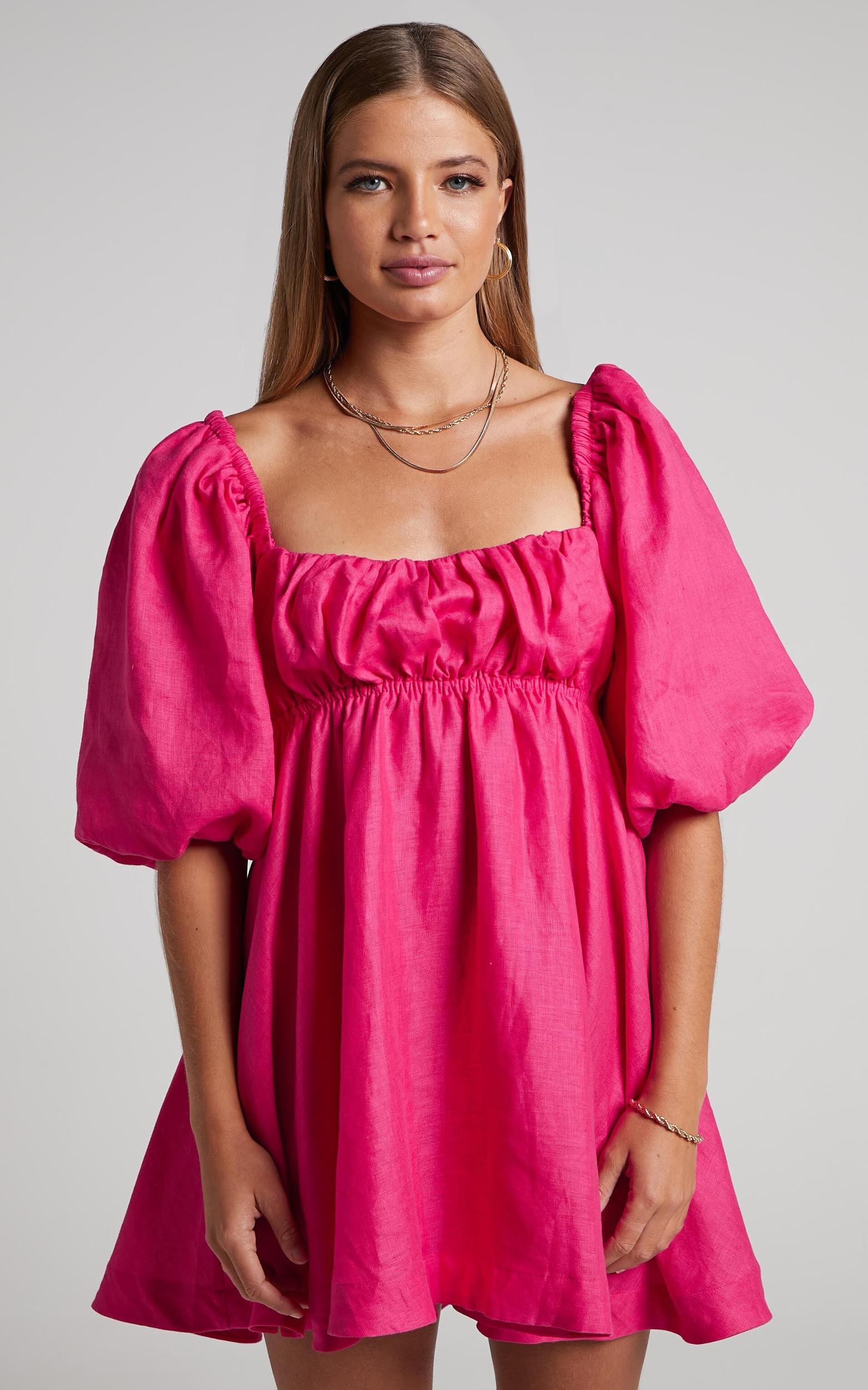 Amalie The Label - Hamyya Linen Tie Back Puff Sleeve Mini Linen Dress in Magenta Product Image