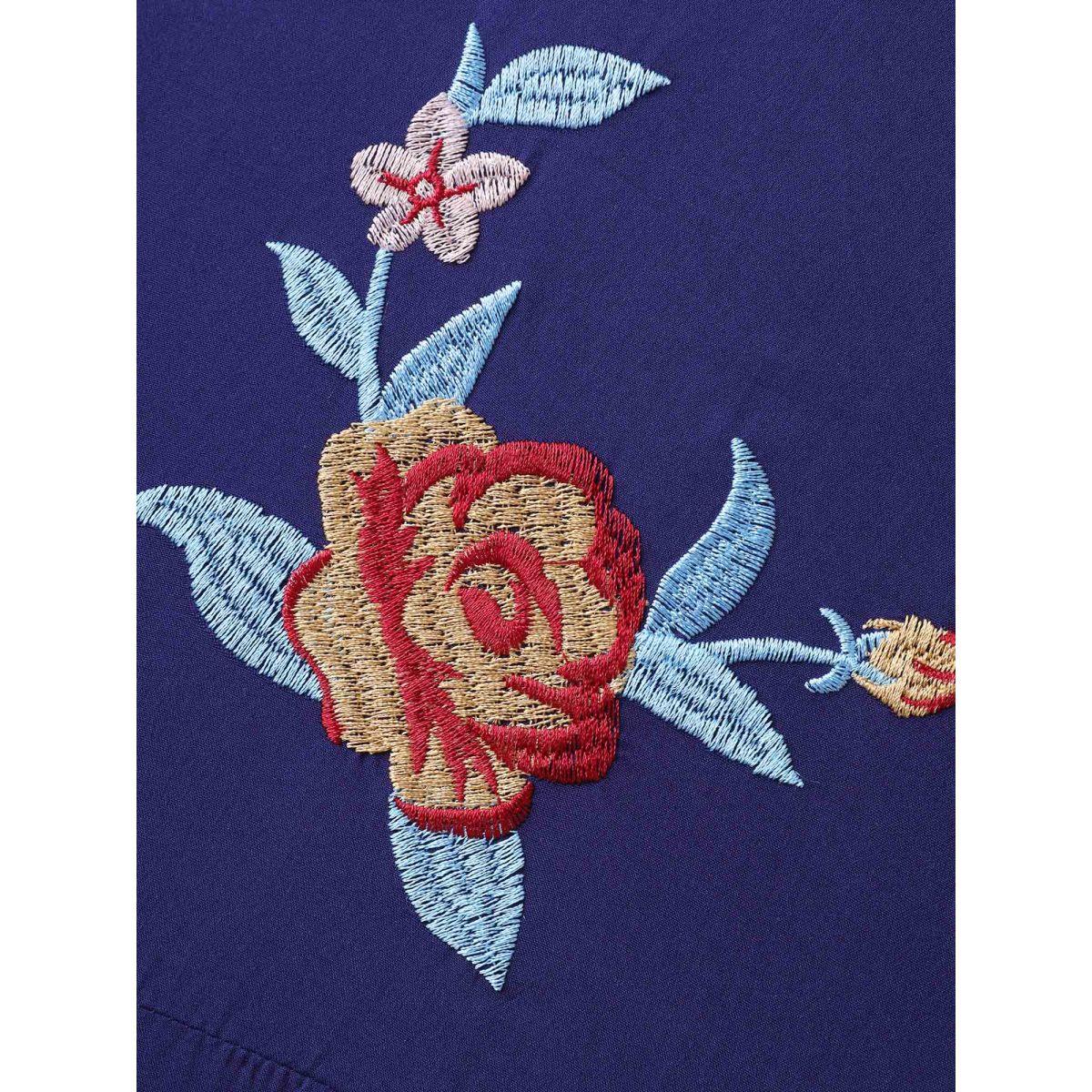 Plus Size Indigo Rayon Floral Embroidery Stretchy Waist Jumpsuit Women Boho Sleeveless V-neck Vacation Loose Jumpsuits BloomChic 28/5X Product Image