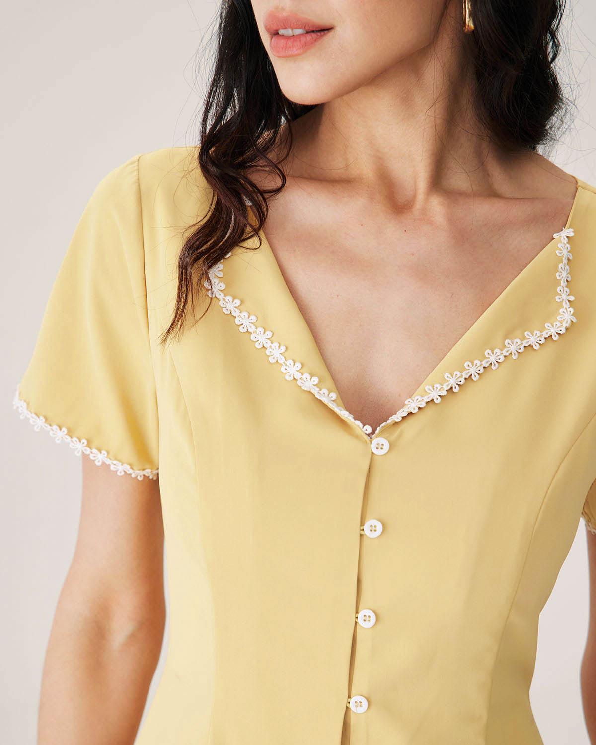Yellow V-neck Button Mini Dress Product Image