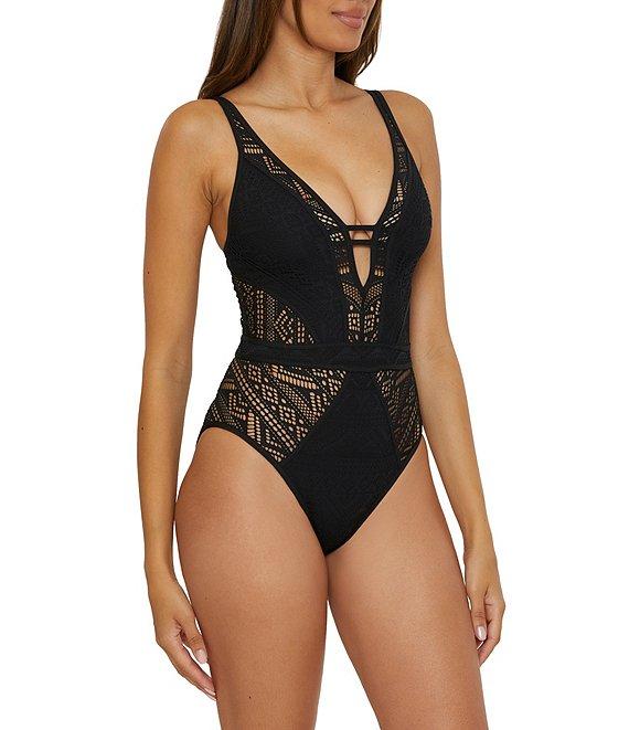 Becca By Rebecca Virtue Color Play Show & Tell Crochet Plunge Neck One Piece Swimsuit Product Image
