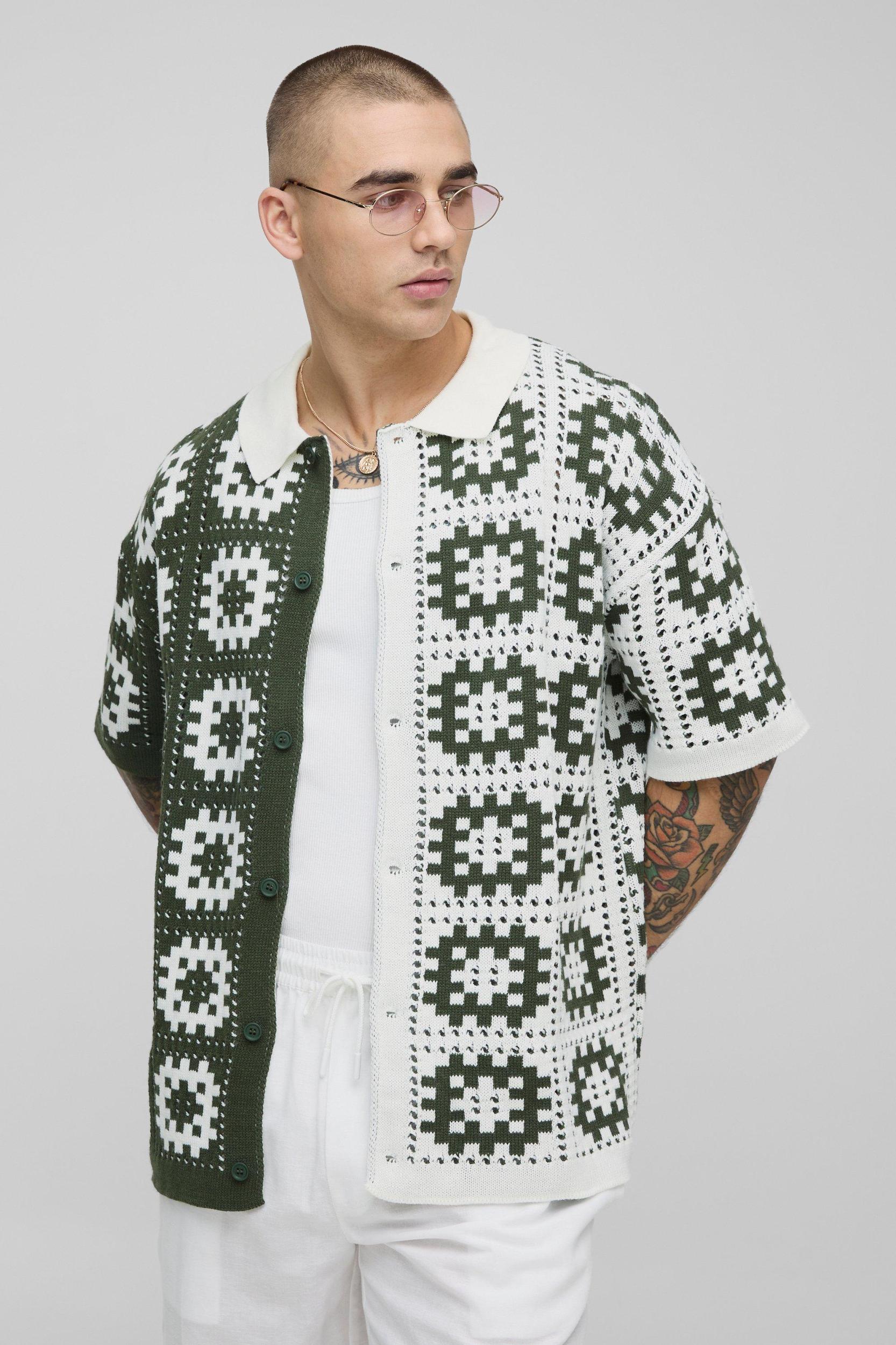 Oversized Boxy Crochet Knitted Shirt | boohooMAN USA Product Image