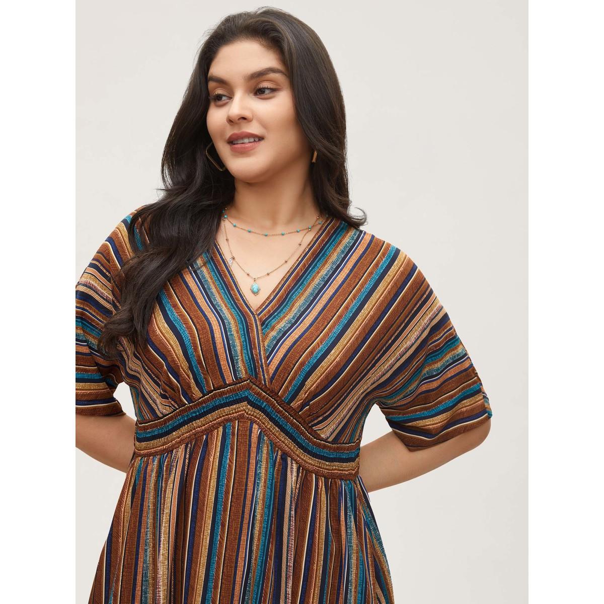 Plus Size Striped Contrast Dolman Sleeve Shirred Pocket Split Flutter Dress Multicolor Women Boho Non V-neck Half Sleeve Curvy BloomChic 12/L Product Image