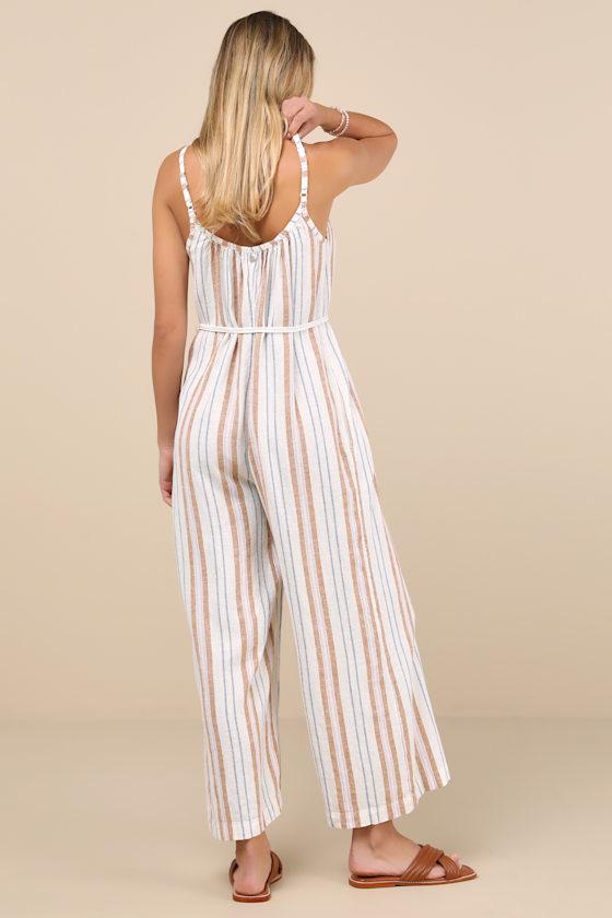 Gale Ivory Striped Linen Wide-Leg Jumpsuit Product Image