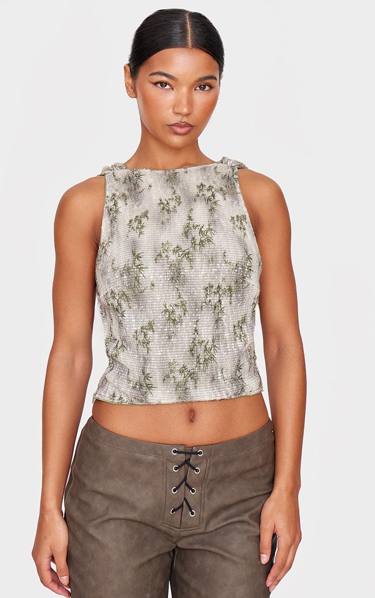 Green Textured Glitter Cowl Back Long Top Product Image