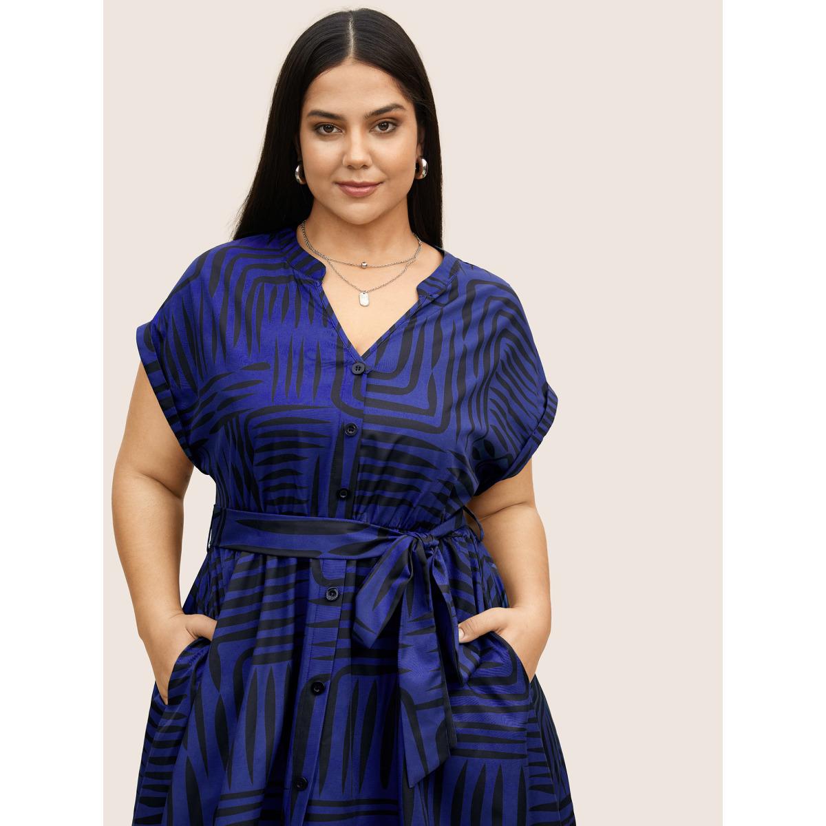 Plus Size Geometric Button Detail Cuffed Sleeve Dress DarkBlue Women At the Office Belted V-neck Short sleeve Curvy BloomChic 26/4X Product Image