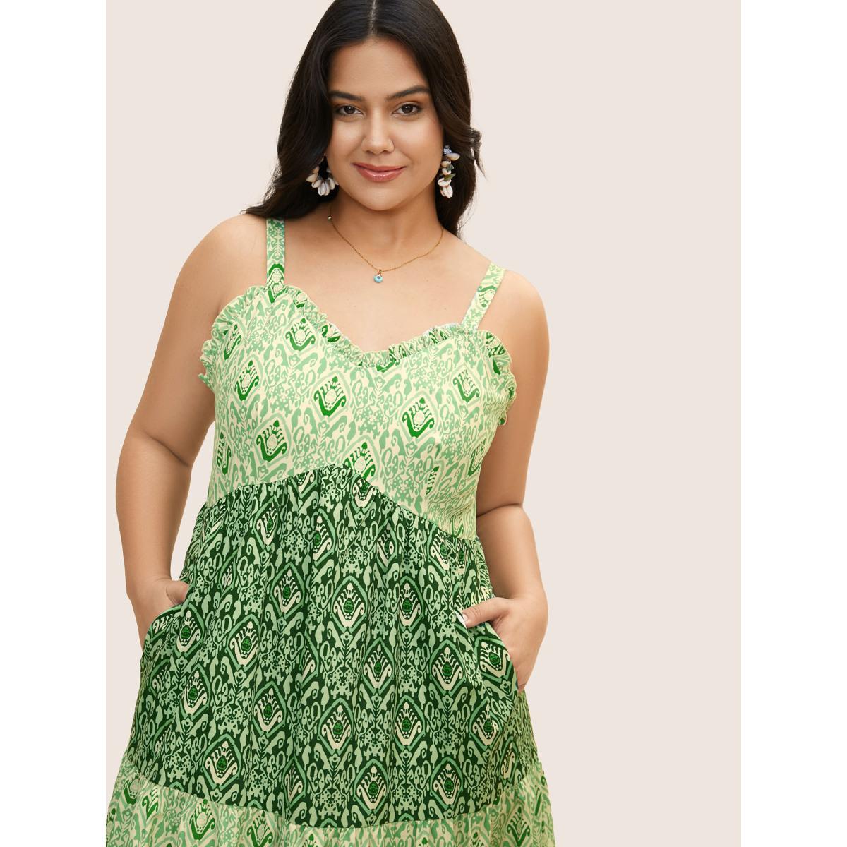 Plus Size Boho Print Frill Trim Ruffle Layered Hem Dress Moss Women Resort V-neck Sleeveless Curvy BloomChic 18-20/2X Product Image