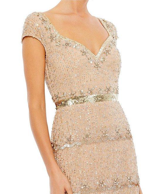 Mac Duggal Sweetheart Neck Cap Sleeve Teired Sequin Column Gown Product Image