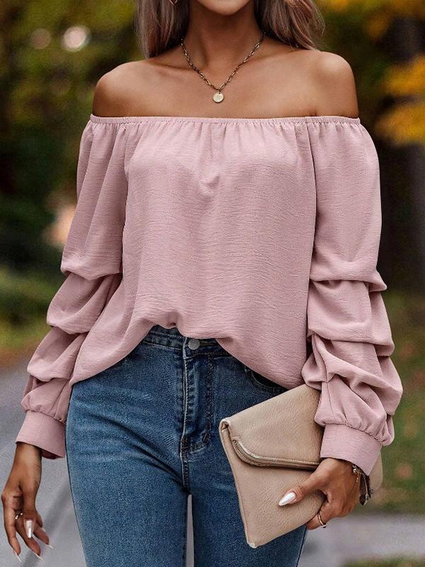 Long Sleeves Loose Elasticity Pleated Solid Color Off-The-Shoulder Blouses&Shirts Tops Product Image