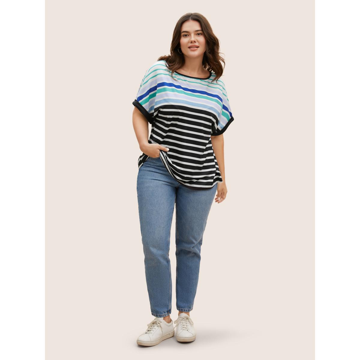 Plus Size Colored Striped Boat Neck Batwing Sleeve T-shirt Black Women Casual Contrast Boat Neck Everyday T-shirts BloomChic 30/6X Product Image