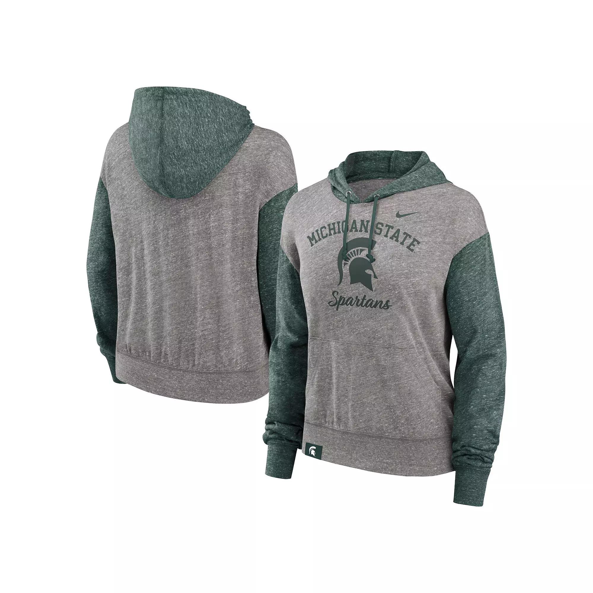 Women's Nike Heather Gray/Green Michigan State Spartans Blitz Color Block Legacy Pullover Hoodie, Size: Medium, Grey Product Image