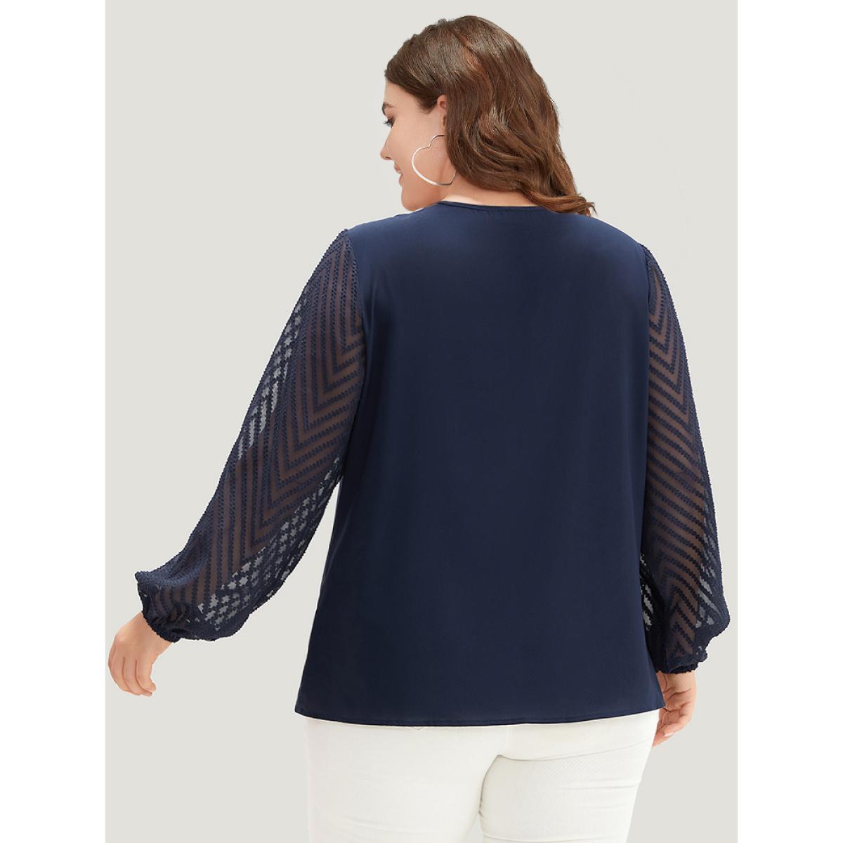 Plus Size Indigo Anti-Wrinkle Patchwork Mesh Pleated Blouse Women Office Long Sleeve Round Neck Work Blouses BloomChic 26/4X Product Image