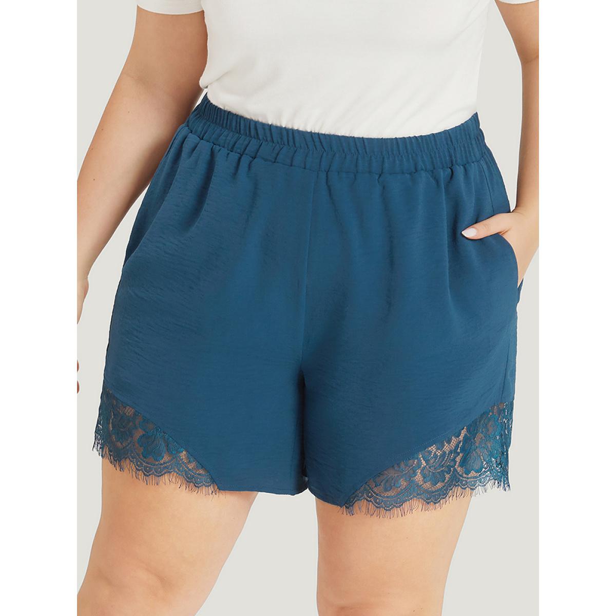 Plus Size Solid Pocket Lace Insert Elastic Waist Shorts Women Aegean Casual Patchwork Dailywear Shorts BloomChic 12/L Product Image