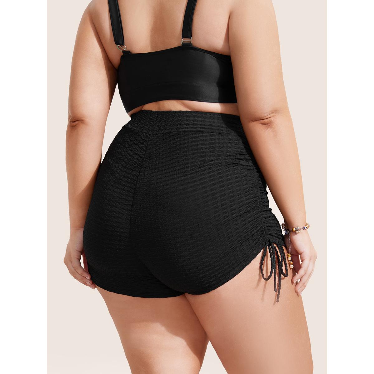 Plus Size Plain Gathered Tie Knot High Rise Swim Bottom Women's Swimwear Black Beach Tie knot High stretch Skinny High Rise Curve Swim Bottoms BloomChic 26/4X Product Image