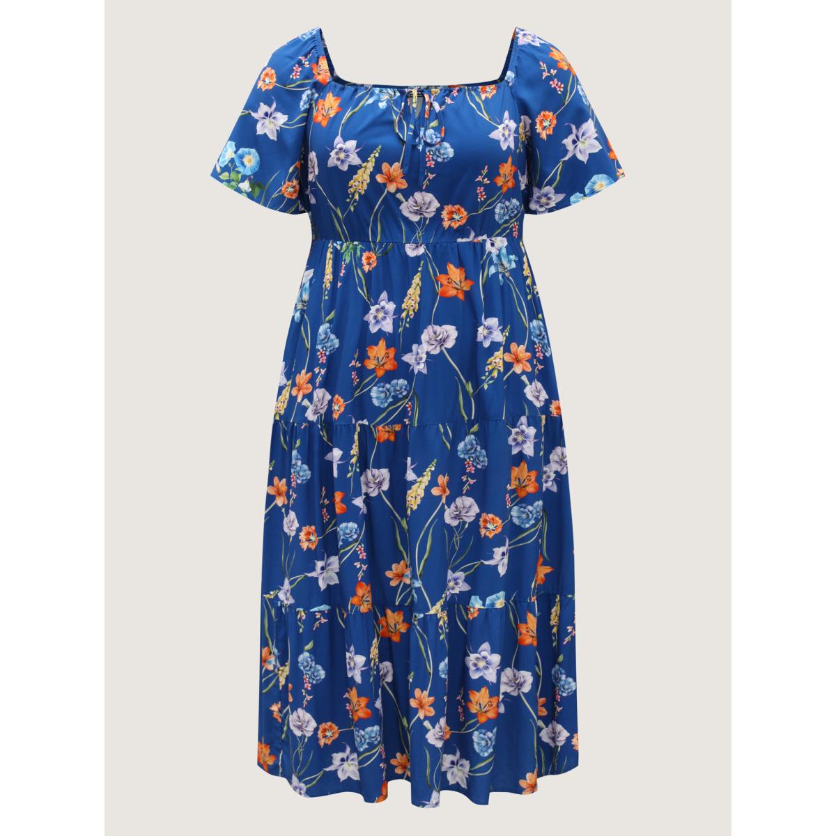 Plus Size Rayon Stretchy-Waist Floral Print Midi Dress Indigo Women Square Neck Short sleeve Curvy BloomChic 14-16/1X Product Image